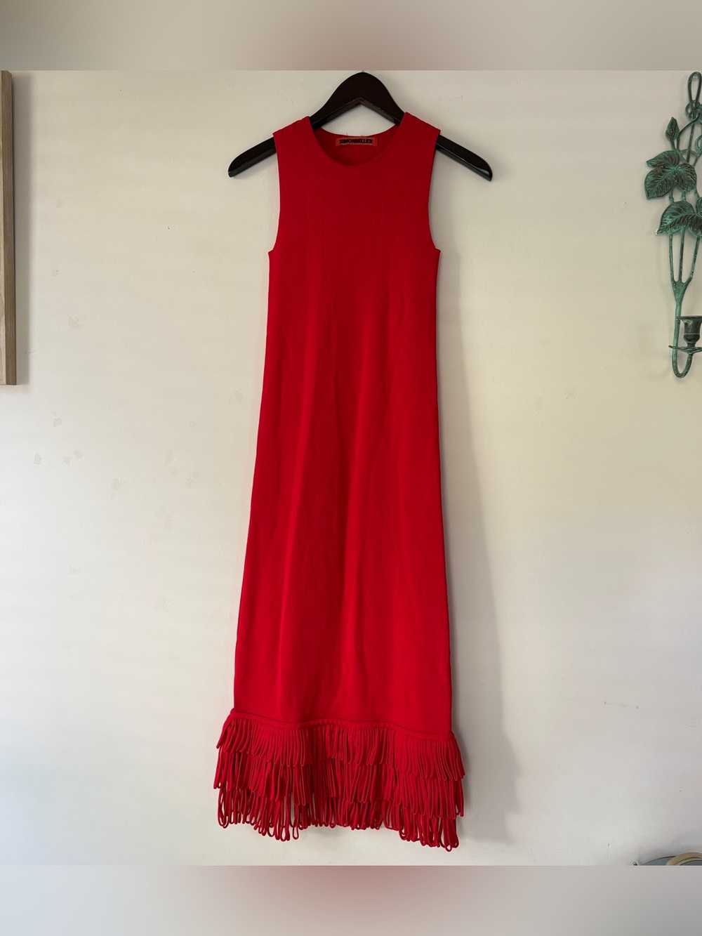 Simon Miller Albers Red Loop Fringe Knit Fitted Maxi Dress XS Minimalist Viscose